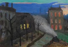 Abend vom Fenster (Blick auf Rue Lamblardie, Paris) by Gabriele Münter, 1930, Oil on cardboard, sold Dec 2024