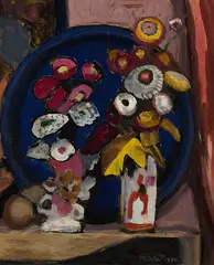 Zwei Vasen vor blauem Tablett by Gabriele Münter, 1934, Oil on cardboard, sold Dec 2024