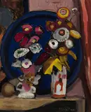 Gabriele Münter, Zwei Vasen vor blauem Tablett, 1934, Oil on cardboard