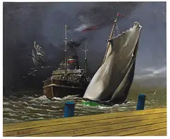 Franz Radziwill, Dampfer, Zwischenraum und Segelschiff, 1948, Oil on canvas, laminated on panel