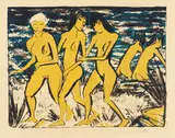 Otto Mueller, Fünf gelbe Akte am Wasser (Fünf Mädchen am Strand, Nordsee, Badende Mädchen), 1921, Lithograph in colors