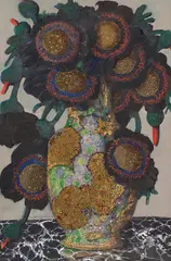 Carl Strathmann, Stilleben mit Sonnenblumen in ornamentaler Vase, 1916, Mixed media. Gouache, India ink, varnish and me...