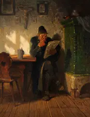 Zeitungslesender by Hugo Kauffmann, 1877, Oil on panel, sold Dec 2024
