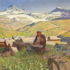 Erich Erler, Berglandschaft mit stillender Bäuerin, Um 1900, Oil on canvas