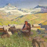 Erich Erler, Berglandschaft mit stillender Bäuerin, Um 1900, Oil on canvas