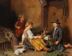 Felix Schlesinger, Kinder mit Hasen im Stall, Um 1870, Oil on canvas