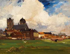 Max Clarenbach, Ansicht von Neuss mit St. Quirinus-Münster, Um 1900, Oil on paper, laminated on panel