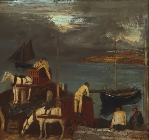 Seán Keating, LOADING AND UNLOADING TURF BOATS, CONNEMARA, c.1940s, oil on board