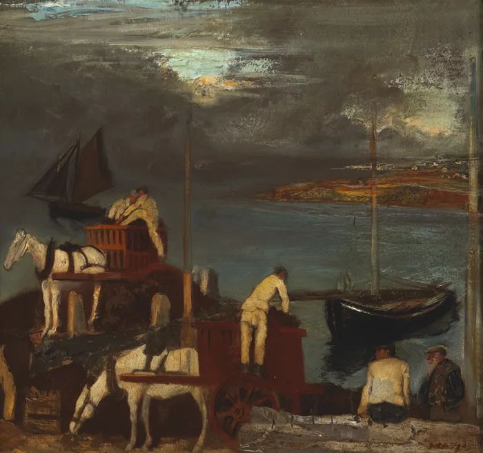 LOADING AND UNLOADING TURF BOATS, CONNEMARA, c.1940s by Seán Keating, oil on board, sold Sep 2014
