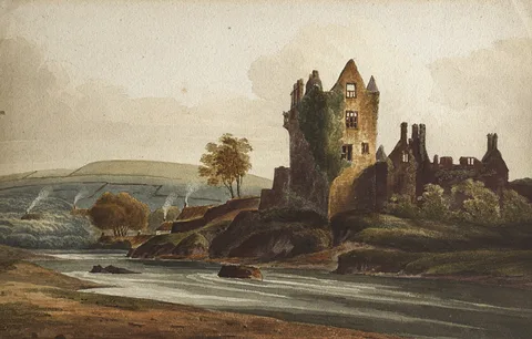 William Nicholl, VIEW OF MANOR RUINS WITH COTTAGES and ROCKY COASTAL SCENE AT SUNSET (A PAIR), watercolour with bodycolour and sgraffito; (2)
