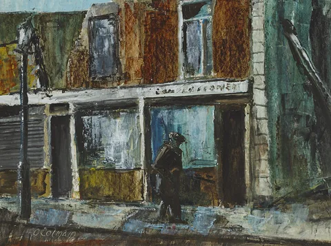 DUBLIN STREET by Séamus Ó Colmáin, c.1940, oil on board, offered Sep 2014