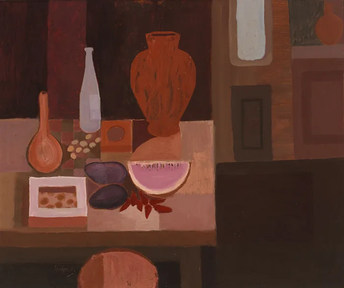 STILL LIFE WITH POTS by Arthur Armstrong, oil on board, offered Sep 2014