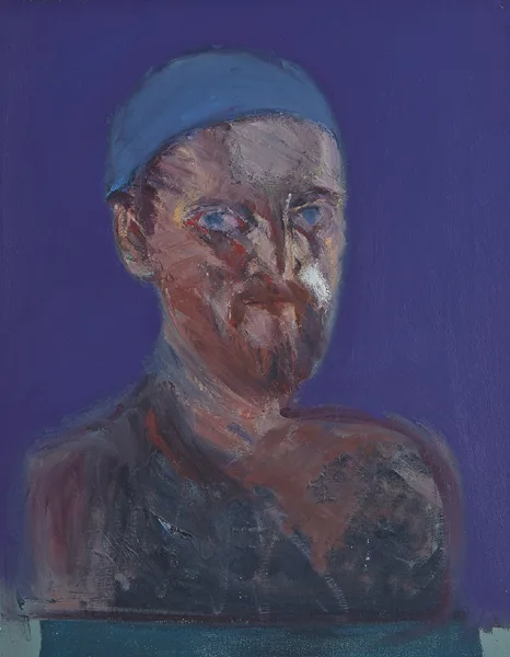 SELF PORTRAIT WITH BLUE HAT and ARCHIVE MATERIAL by Brian Bourke, oil on canvas, offered Sep 2014