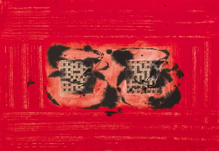 TWO CUPS AND CROSSWORDS by Neil Shawcross, 2005, watercolour with collage element, sold Sep 2014