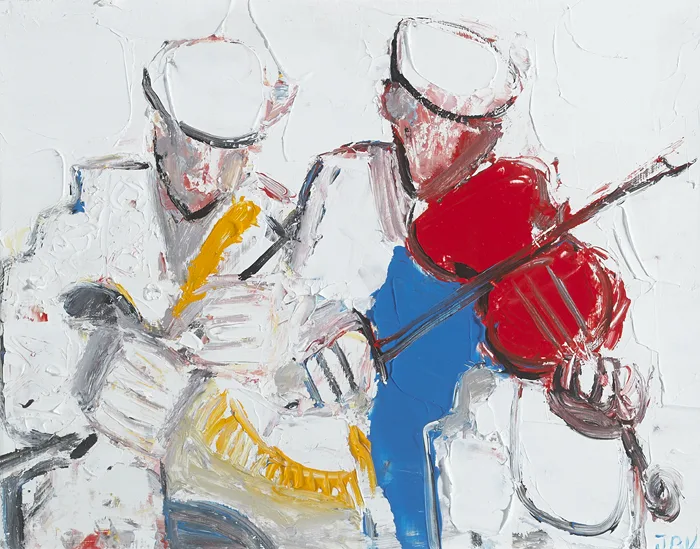 TWO MUSICIANS by John B. Vallely, oil on board, sold Sep 2014