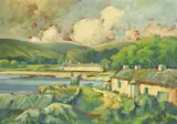 Charles McAuley, COTTAGES IN LAKE AND HILLS LANDSCAPE