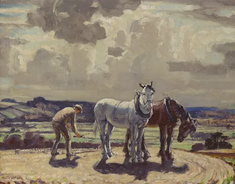 Harold Dearden, FARM HORSES, ATTACHING THE HARROW, oil on canvas