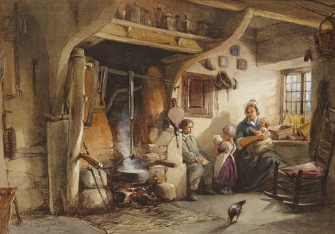 COTTAGE INTERIOR WITH MOTHER AND CHILDREN by William Collingwood, 1847, watercolour, sold Sep 2014