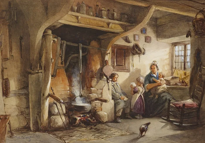 William Collingwood, COTTAGE INTERIOR WITH MOTHER AND CHILDREN, 1847, watercolour