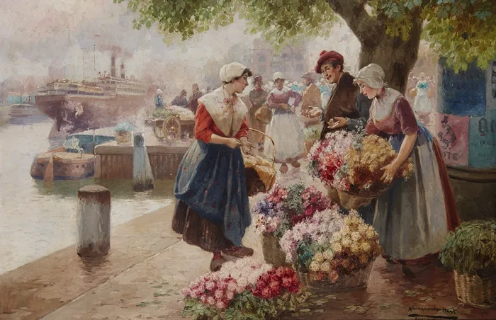 Adrian van der Hest, FLOWER SELLERS, AMSTERDAM, oil on canvas