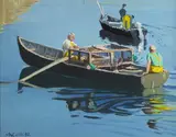 Cecil Maguire, BRINGING IN LOBSTER BOXES, ROUNDSTONE HARBOUR, SUMMER