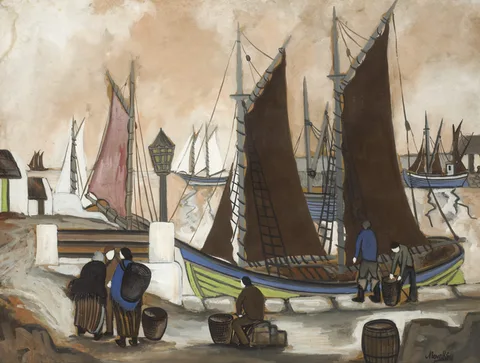 Markey Robinson, KILKEEL HARBOUR WITH BOATS, COUNTY DOWN, gouache