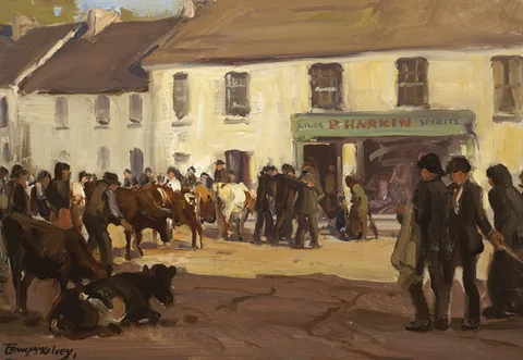 Frank McKelvey, FAIR DAY SCENE, oil on board