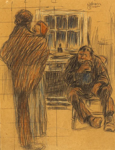 BELFAST HOME by William Conor, coloured pencil on tinted paper; (squared for transfer), offered May 2013
