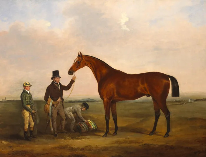 William Brocas, COLONEL WESTENRA'S FRENEY" WITH JOCKEY AND ATTENDANTS ON THE CURRAGH, CO. KILDARE and "ROLLER", A BAY HUNTER WITH HOUNDS "JOLTY BOY" AND "JACKEY BOY" IN A STABLE (A..., oil on canvas; (2)