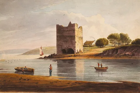 William Nicholl, FISHERMEN BY WATER'S EDGE, watercolour with bodycolour and sgraffito