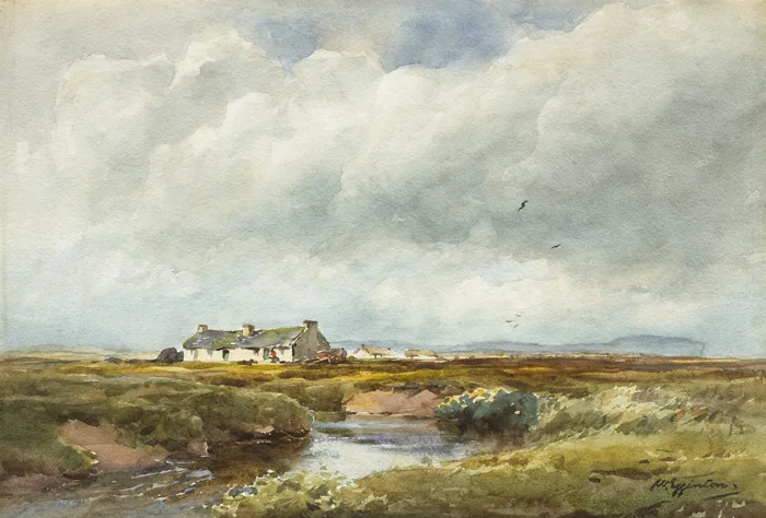 COTTAGES ON THE BOG by Wycliffe Egginton, watercolour, sold May 2013