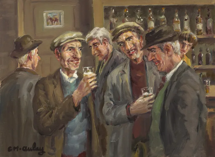 MEN DRINKING IN A PUB by Charles McAuley, oil on canvas, sold May 2013