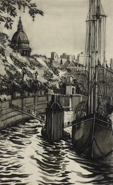 ALONG THE THAMES, LONDON by Dorothy Blackham, pen and ink with wash, offered May 2013