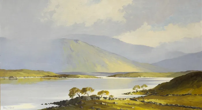 Denis J. McDowell, SPRING SUNSHINE" LOUGH MASK, COUNTY MAYO", oil on canvas