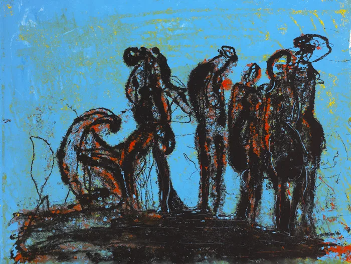 FIGURES AGAINST BLUE by Edward Delaney, mixed media on paper, offered May 2013