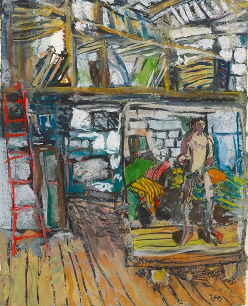 STUDIO INTERIOR by Nick Miller, 1995, gouache with ink and pastel on paper, sold May 2013