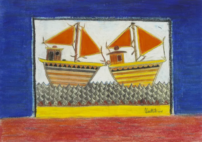 COMPOSITION WITH TWO BOATS by Graham Knuttel, 1988, pastel, sold May 2013