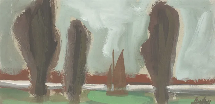 BOAT AND TREES by Markey Robinson, gouache, offered May 2013