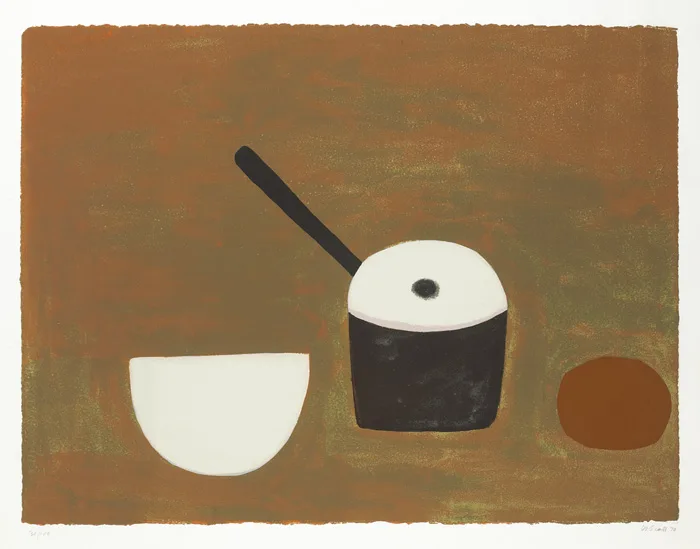 WHITE BOWL, BLACK PAN ON BROWN by William Scott, 1970, silkscreen on paper; (no. 30 from an edition of 100), sold Oct 2012