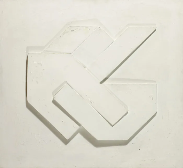 WHITE RELIEF (4) [LOVER'S KNOT] by Margaret Mellis, 1971, wood with relief, sold Oct 2012