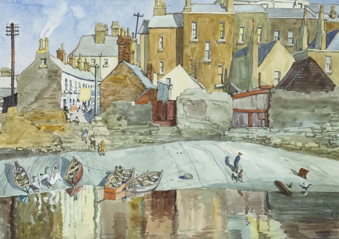 WHISKEY ROW, RINGSEND by Harry Kernoff, watercolour, sold Oct 2012