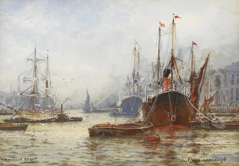 Frederick William Scarborough, WOOLWICH REACH, LONDON, watercolour with gouache heightened with white