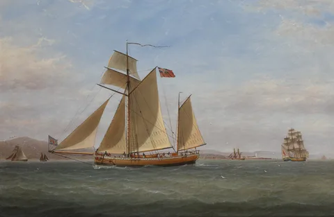 William Clarke, TOPSAIL KETCH ON THE CLYDE SAILING PAST THE CLOCH LIGHTHOUSE, 1865, oil on canvas