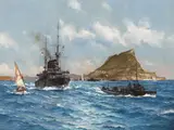 Montague Dawson, A DEVONSHIRE CLASS CRUISER AND HER DESTROYER ESCORT LEAVING GIBRALTAR