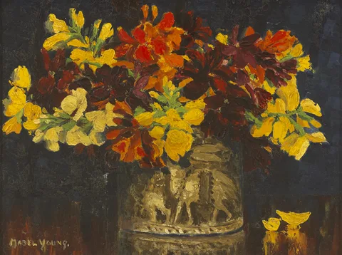 FLORAL STILL LIFE IN RED AND YELLOW by Mabel Young, oil on board, offered Oct 2012