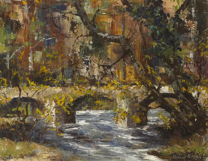 ARCHED BRIDGE OVER RIVER by Fergus O'Ryan, oil on canvas, sold Oct 2012