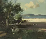George K. Gillespie, FIGURES ON A BEACH WITH MOUNTAINS IN THE DISTANCE