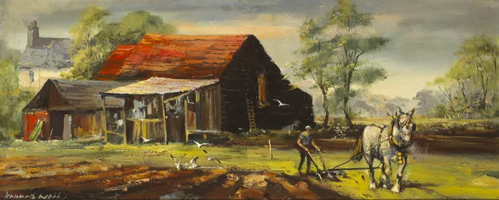 SUFFOLK PLOUGHING by Kenneth Webb, oil on canvas, sold Oct 2012