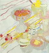 Elizabeth Cope, STILL LIFE ON STRIPED TABLECLOTH