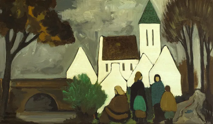 CHATTING AFTER MASS by Markey Robinson, oil on board, sold Oct 2012